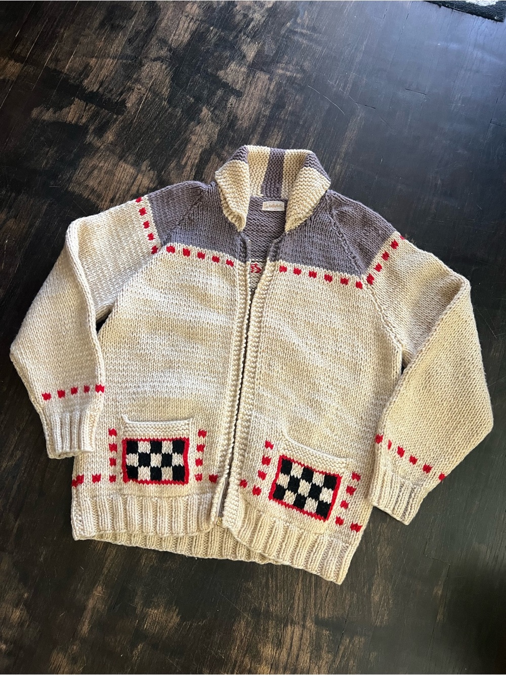 VINTAGE 50s Rockabilly Cowichan Sweater Mack Truck Hand Knit Wool Cardigan XL
